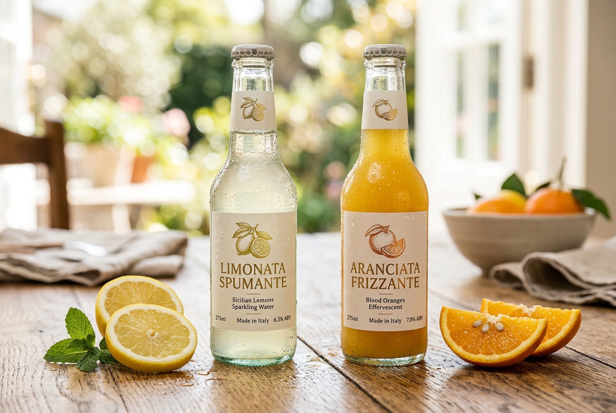 Premium European sparkling fruit sodas in glass bottles