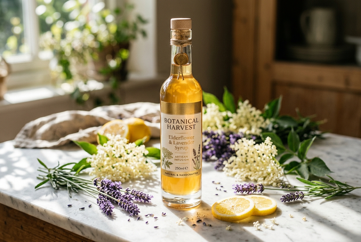 Bottles of premium botanical drink syrups with lavender and lemon