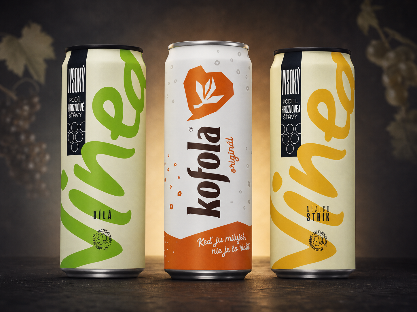 Kofola Original with Vinea Bílá and Vinea Nealko Strik cans