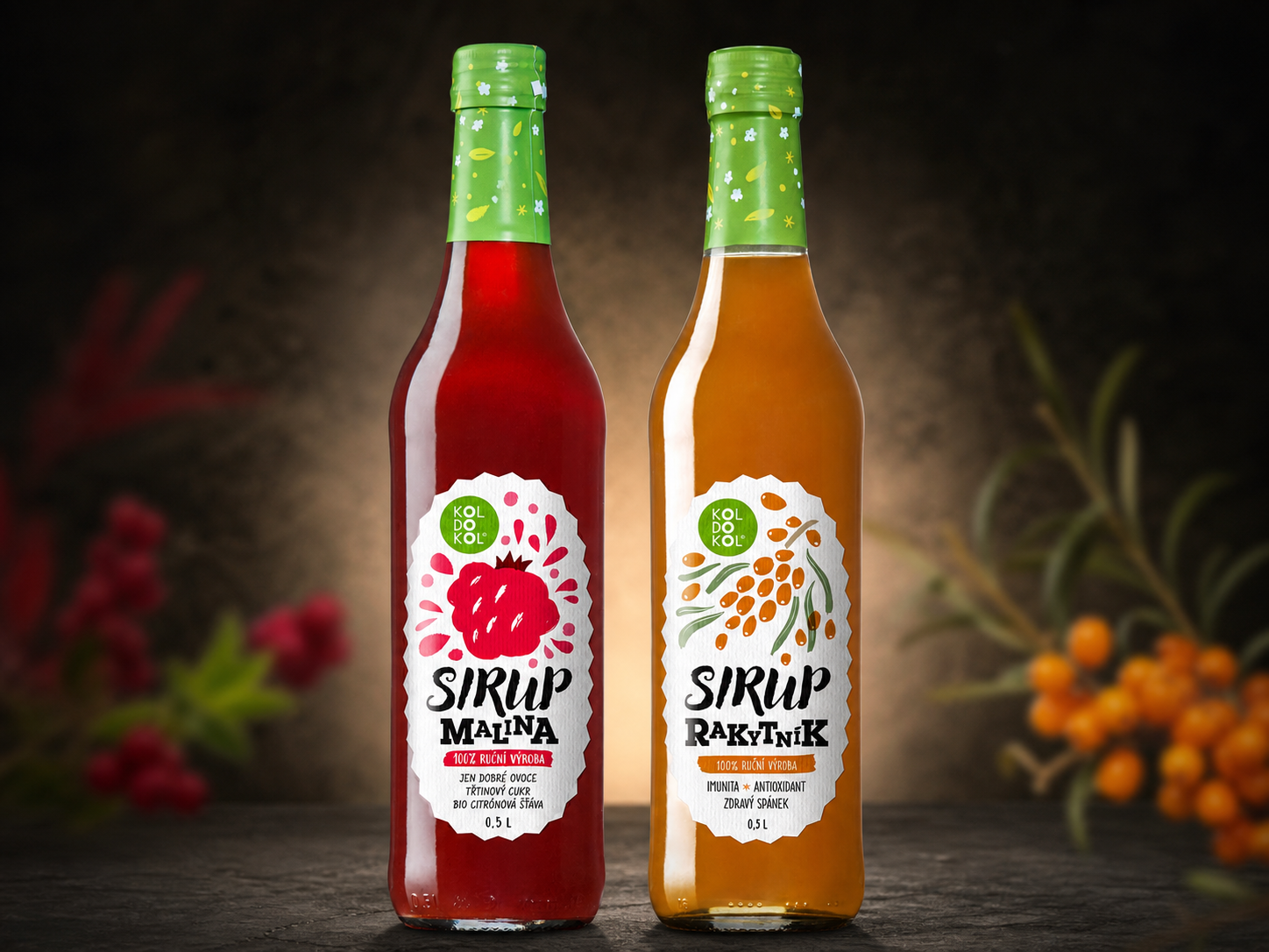 Koldokol raspberry and sea-buckthorn syrup bottles