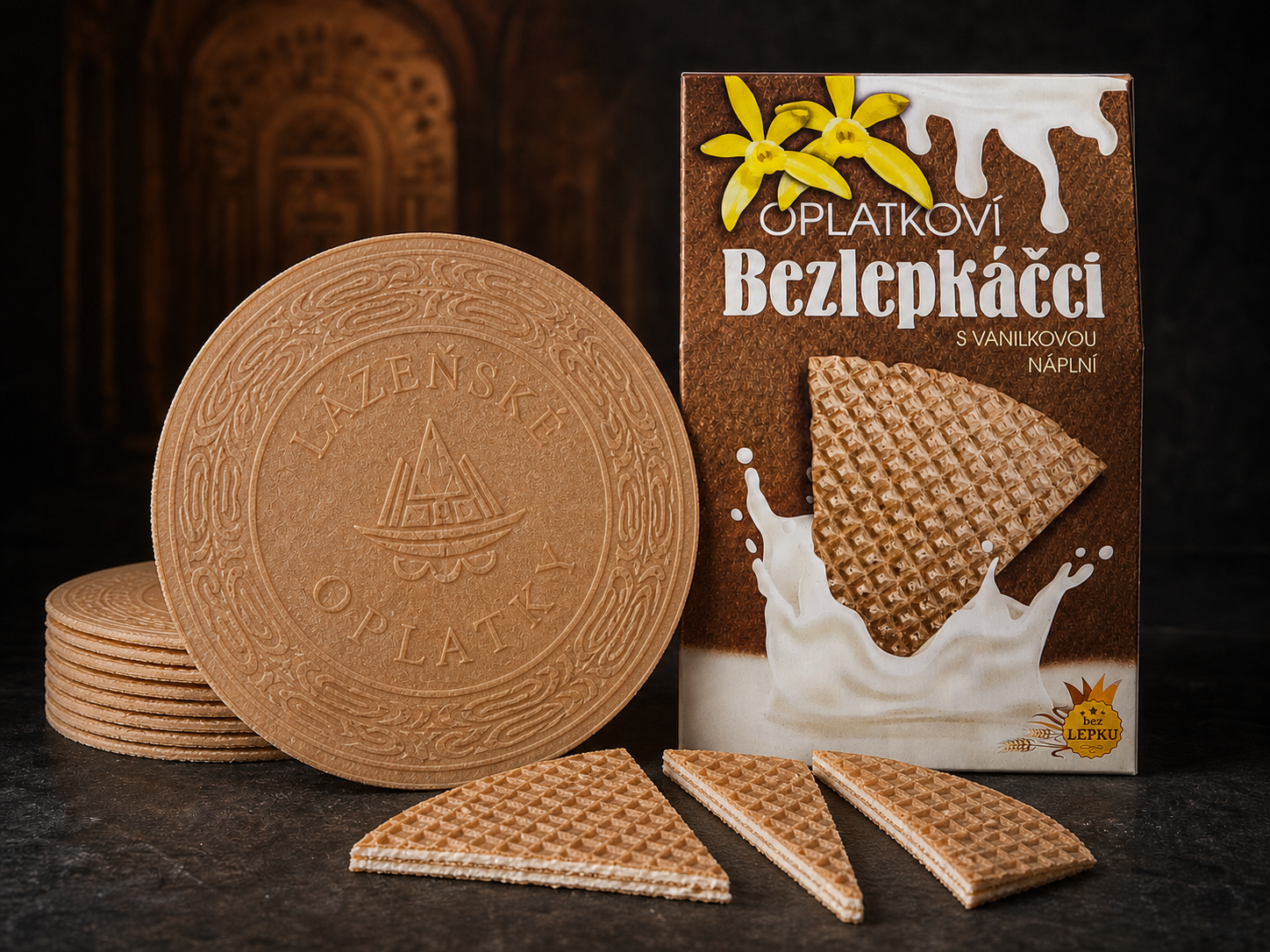 Large traditional round spa wafers, one-eighth wafer slices and gluten-free vanilla wafer package